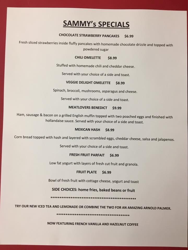 Menu at Sammy J's Breakfast Cafe, Salem