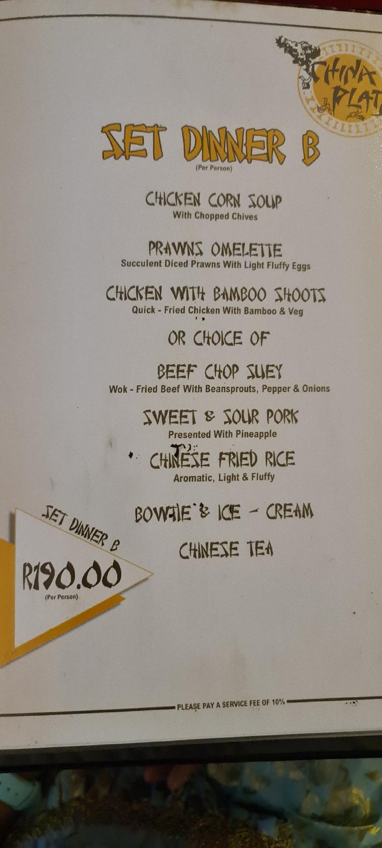 China Plate Restaurant Durban North Menu