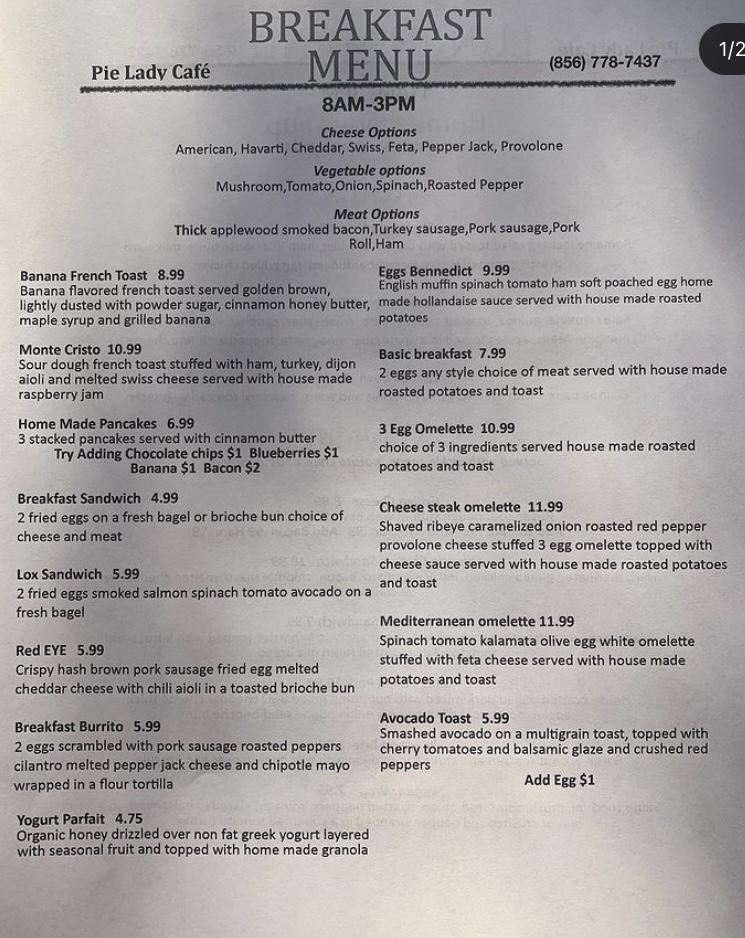 Menu at Pie Lady Cafe, Moorestown