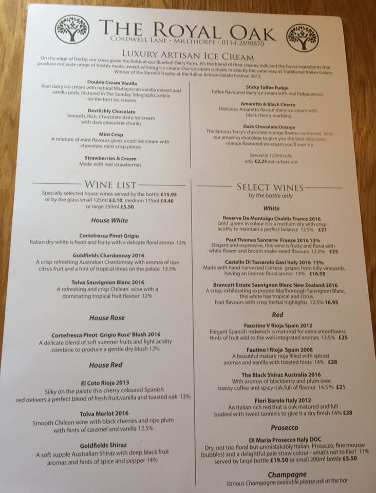 Menu at Royal Oak pub & bar, Dronfield