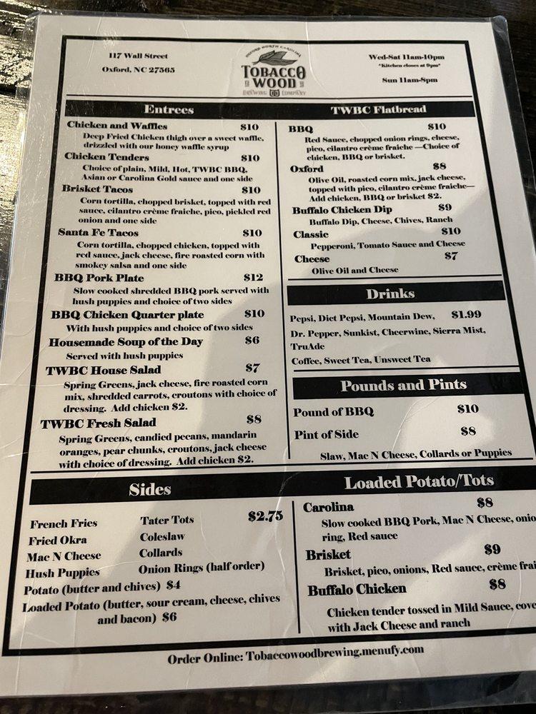 Menu at Tobacco Wood Brewing Company BBQ, Oxford