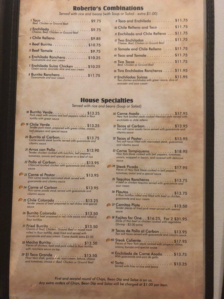Menu at Roberto's Mexican Food restaurant, Rosamond