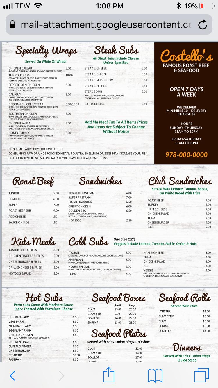 Menu at Costello’s Famous Roastbeef, Seafood & Pizza BBQ, Haverhill