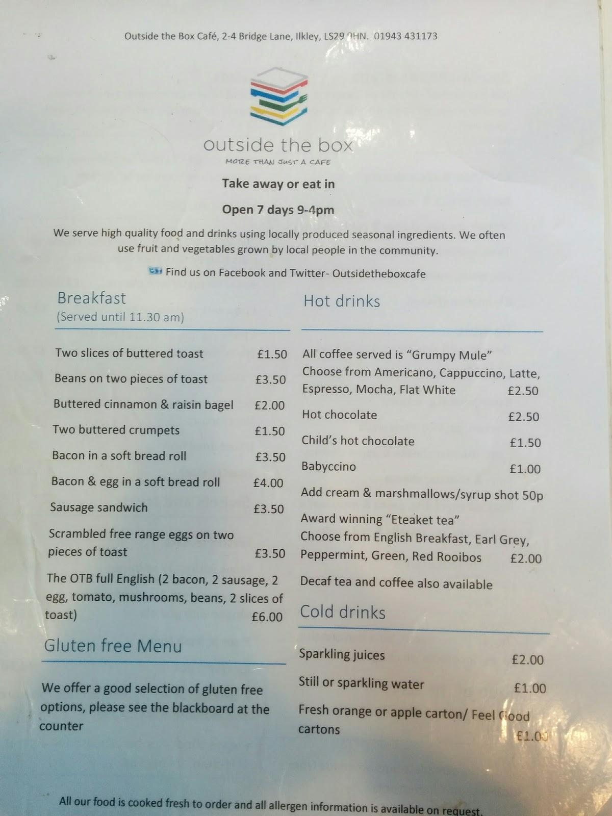 Menu at Outside The Box Cafe, Ilkley