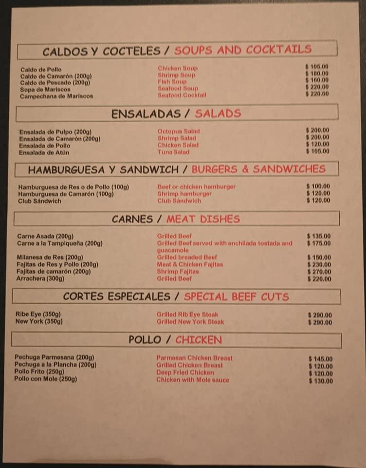 Menu at La Piña Loca restaurant, Rincón de Guayabitos