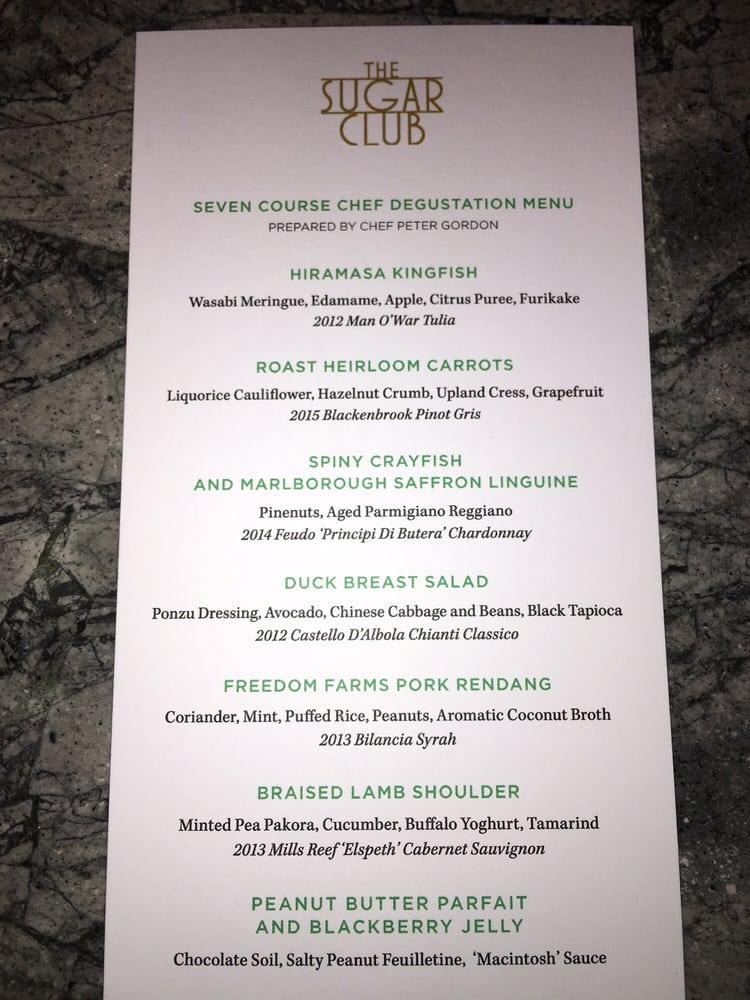 Menu at The Sugar Club, Auckland, Corner of Federal and Victoria Streets