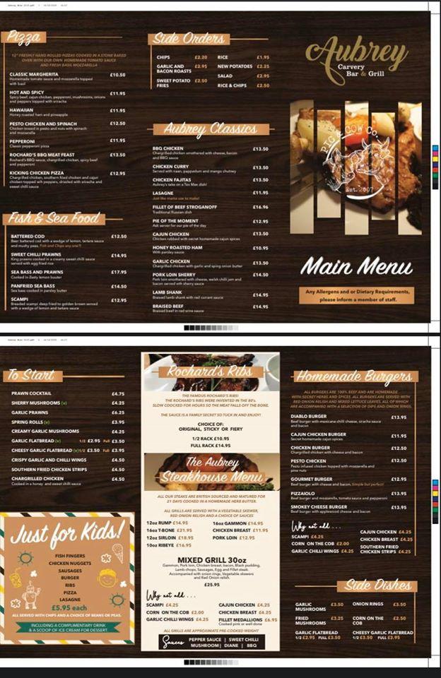 Menu at The Aubrey Arms restaurant, Ystalyfera