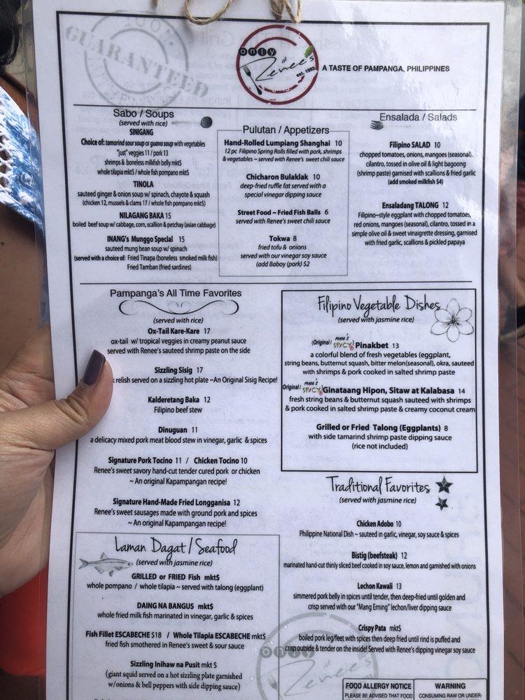 Menu at Only at Renee's ~ A Taste of Pampanga, Philippines restaurant, Virginia Beach