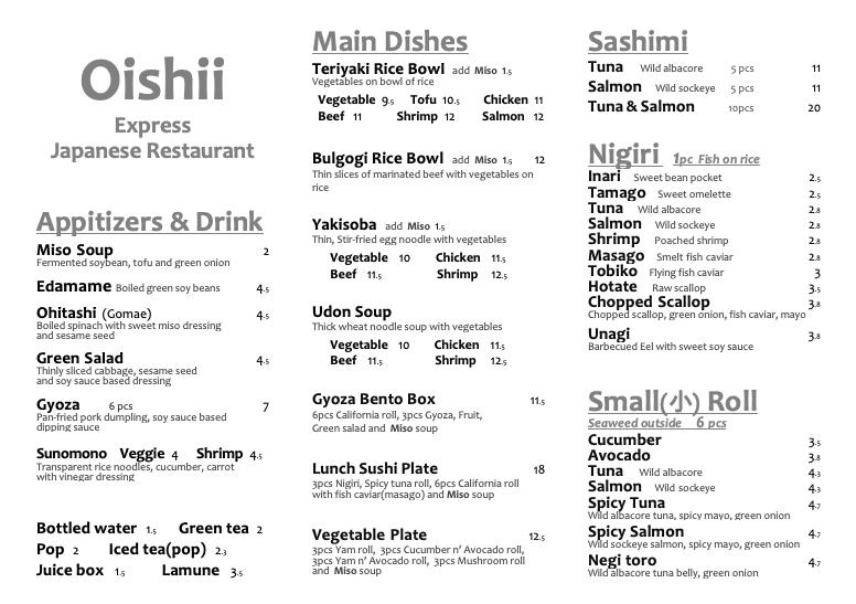 Menu At Oishii Express Japanese Restaurant Salmon Arm