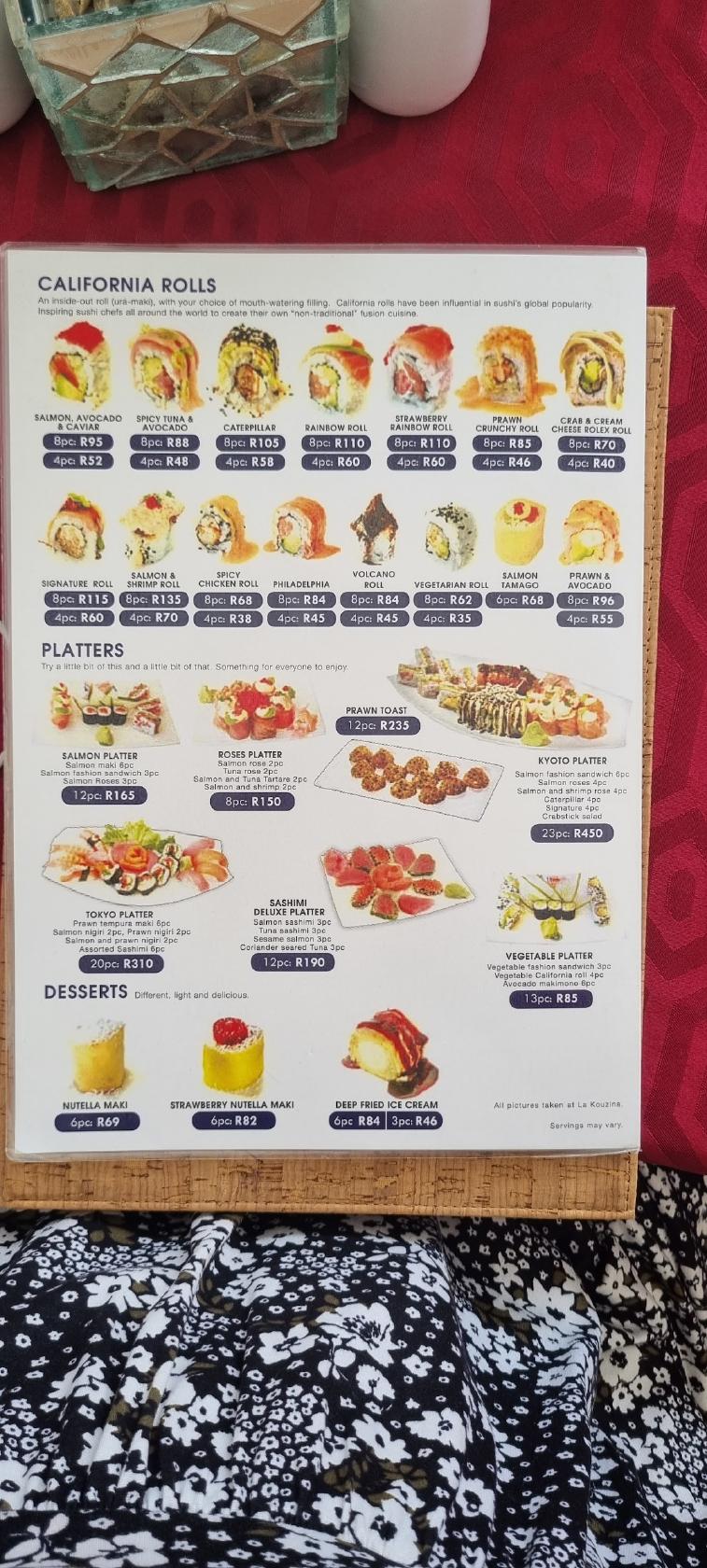 Menu at LA KOUZINA restaurant, Port Elizabeth
