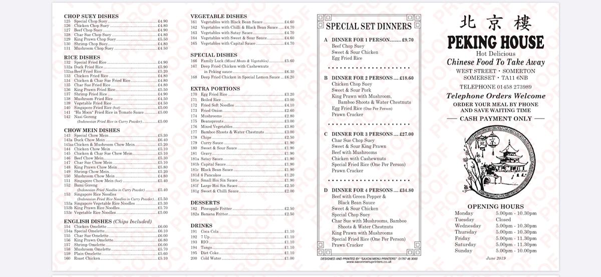 Peking deals house menu