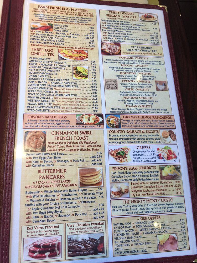 Menu at The Edison Diner restaurant, Edison