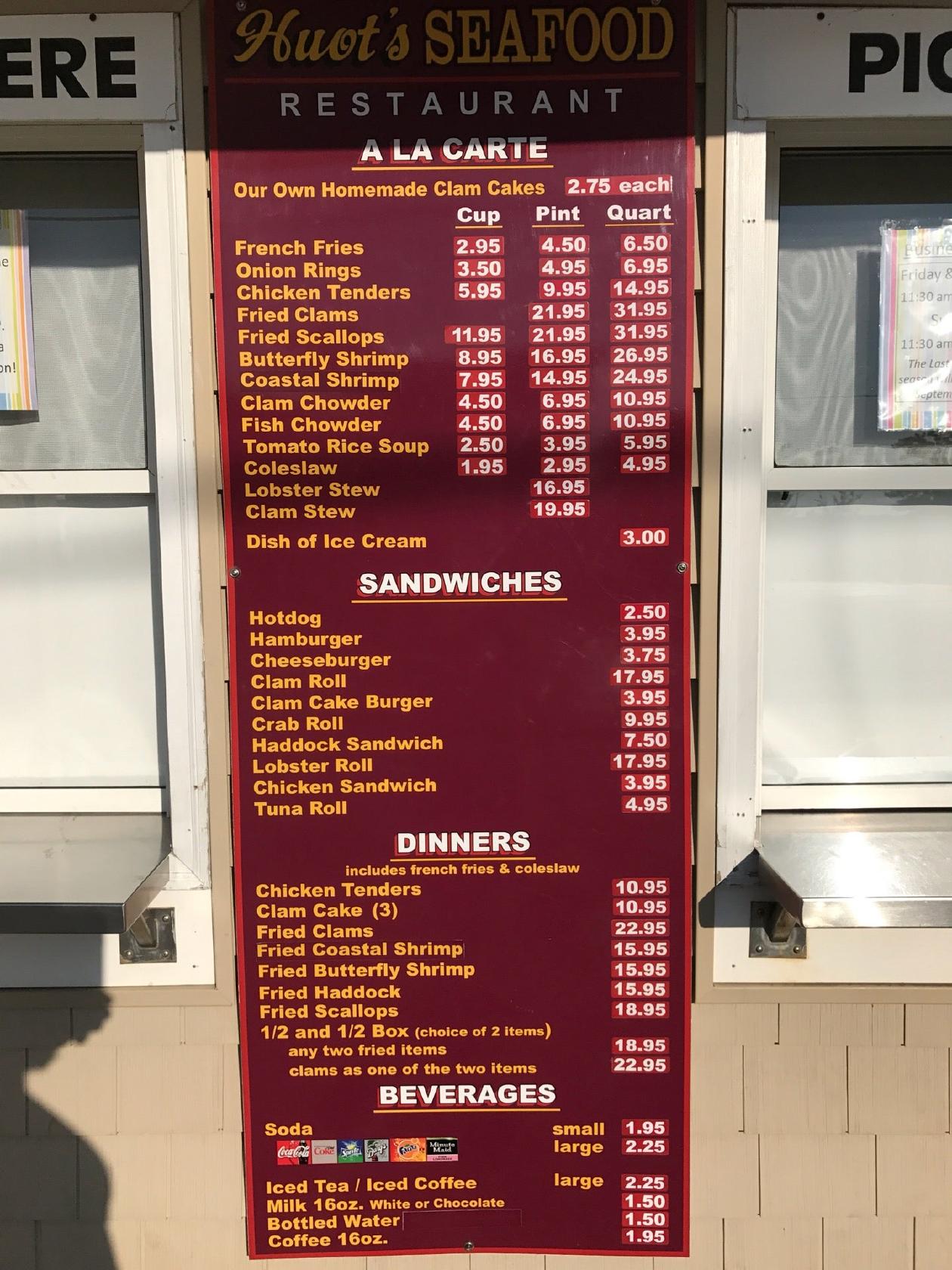 Menu at Huot's Seafood Restaurant, Saco