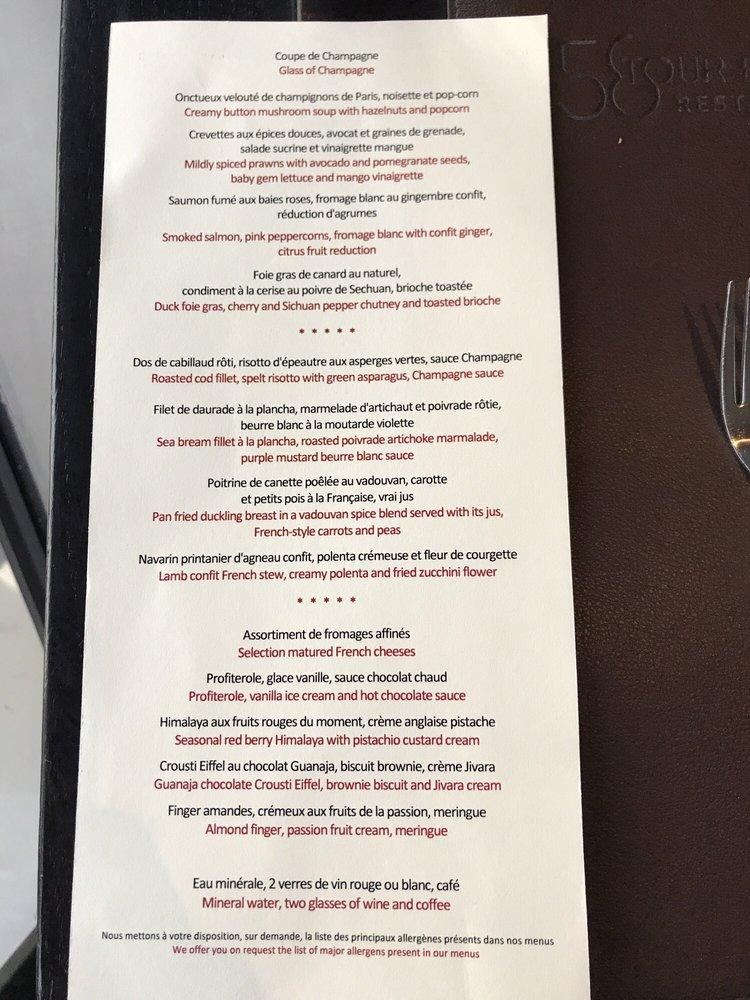 58 Tour Eiffel menu