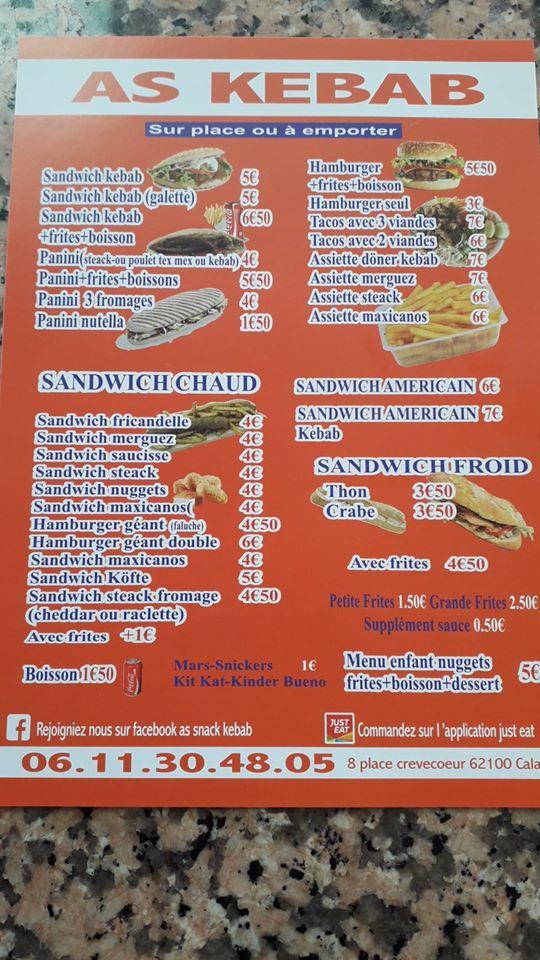 Menu at Aksaray kebab restaurant, Calais