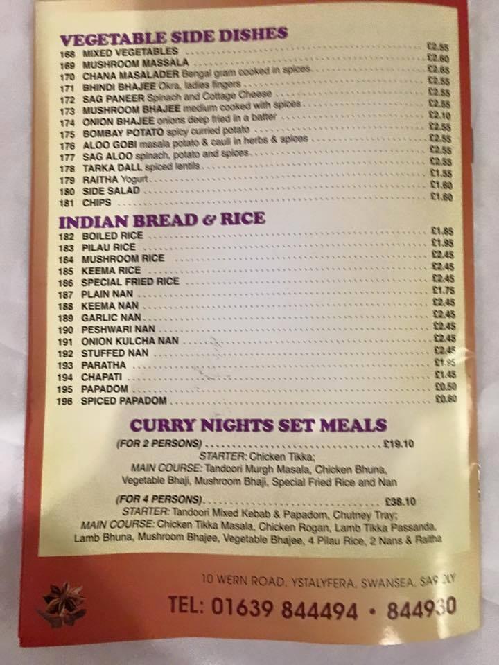 Menu at Curry House restaurant, Ystalyfera