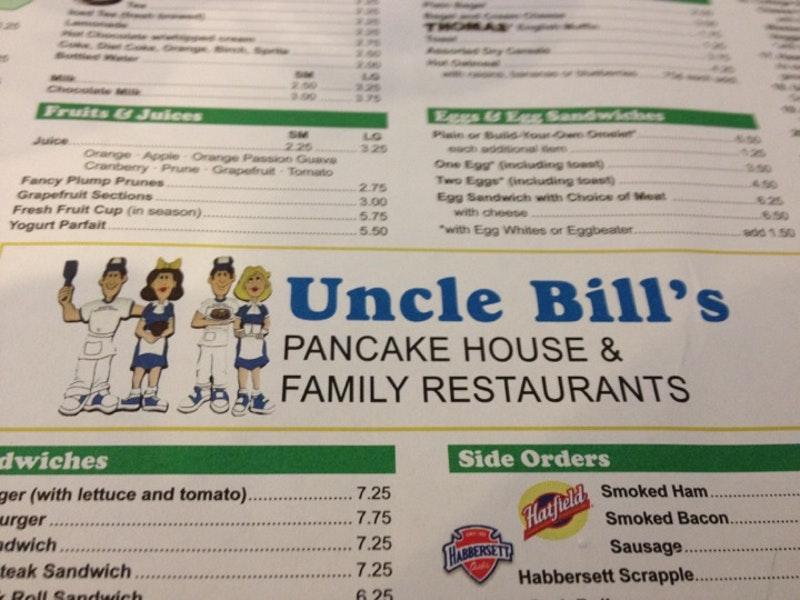 Menu at Uncle Bill's Pancake House restaurant, Stone Harbor, 304 96th St