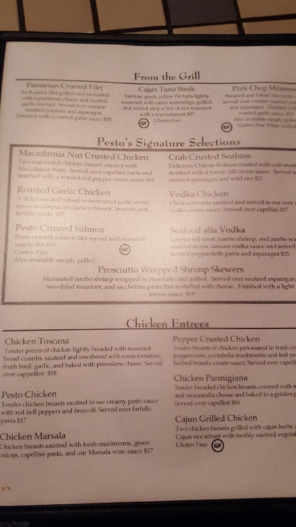 Menu at Pesto's Italian Restaurant, Valparaiso