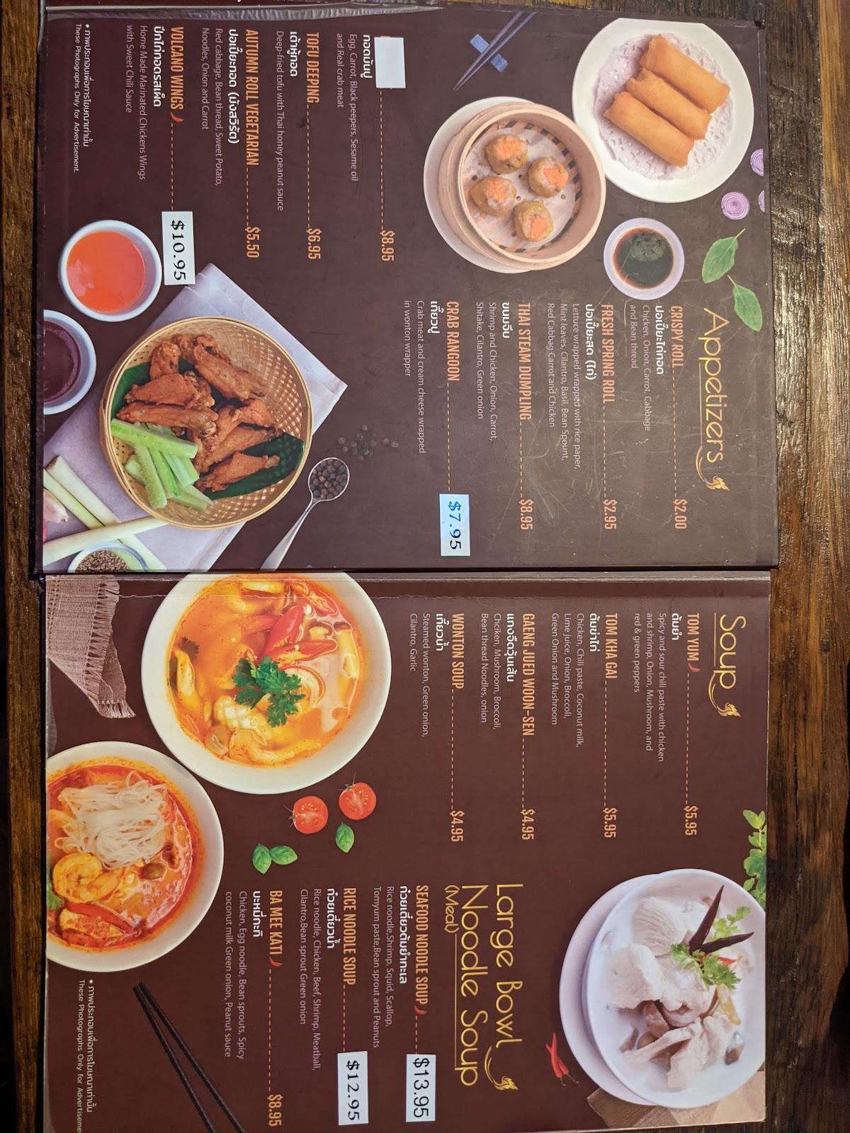 Menu at Thai Jasmine restaurant, Lima