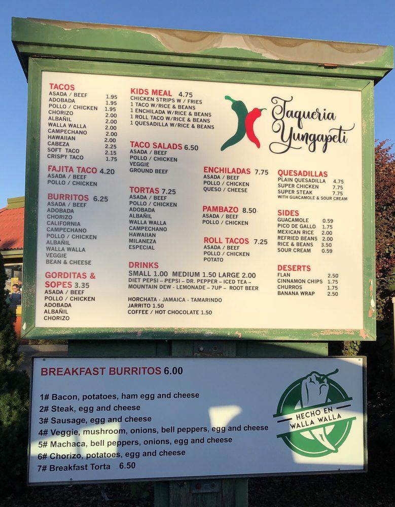 Menu at Taqueria Yungapeti restaurant, Walla Walla