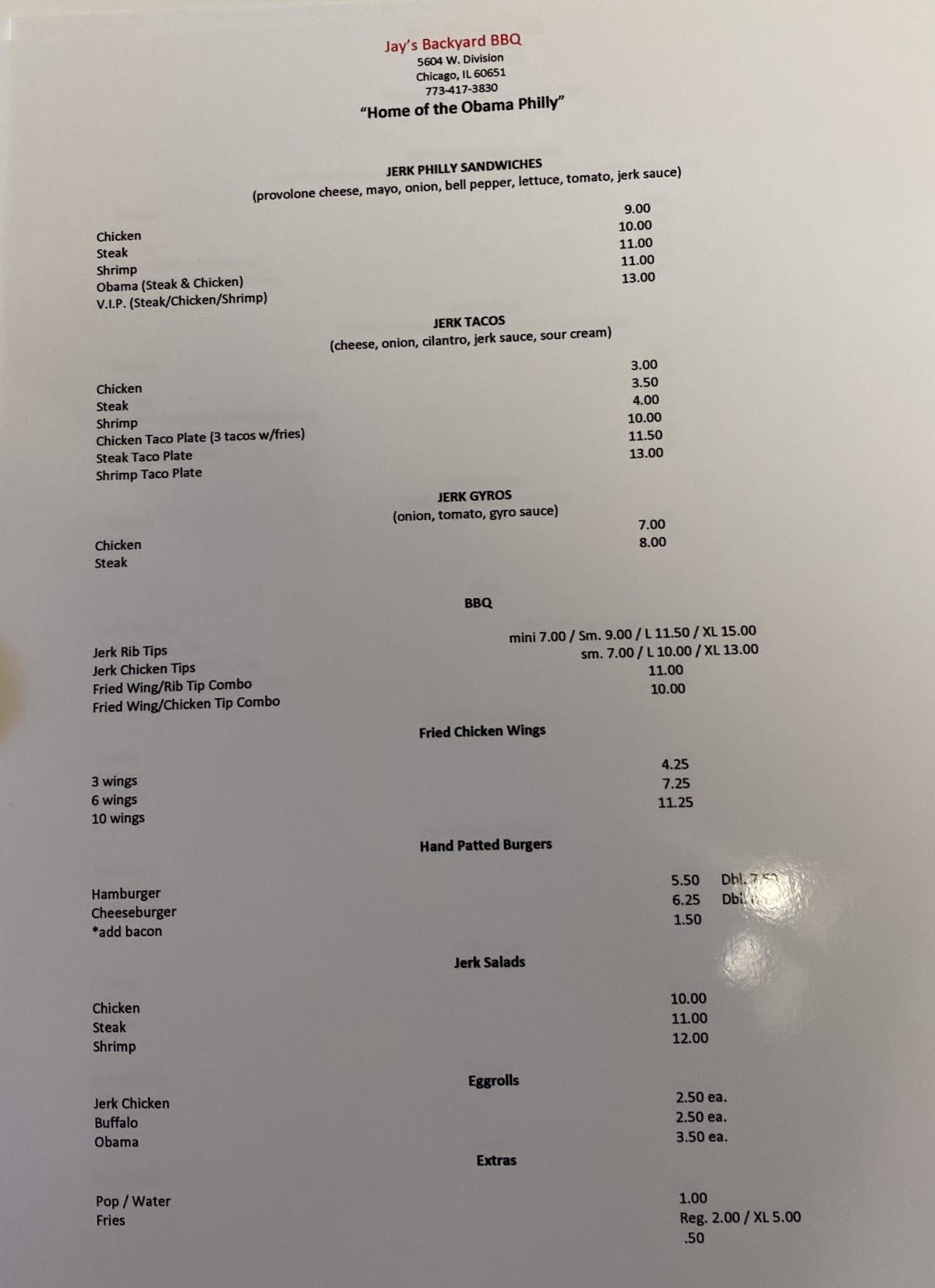 Menu at Jay's Backyard BBQ, Chicago