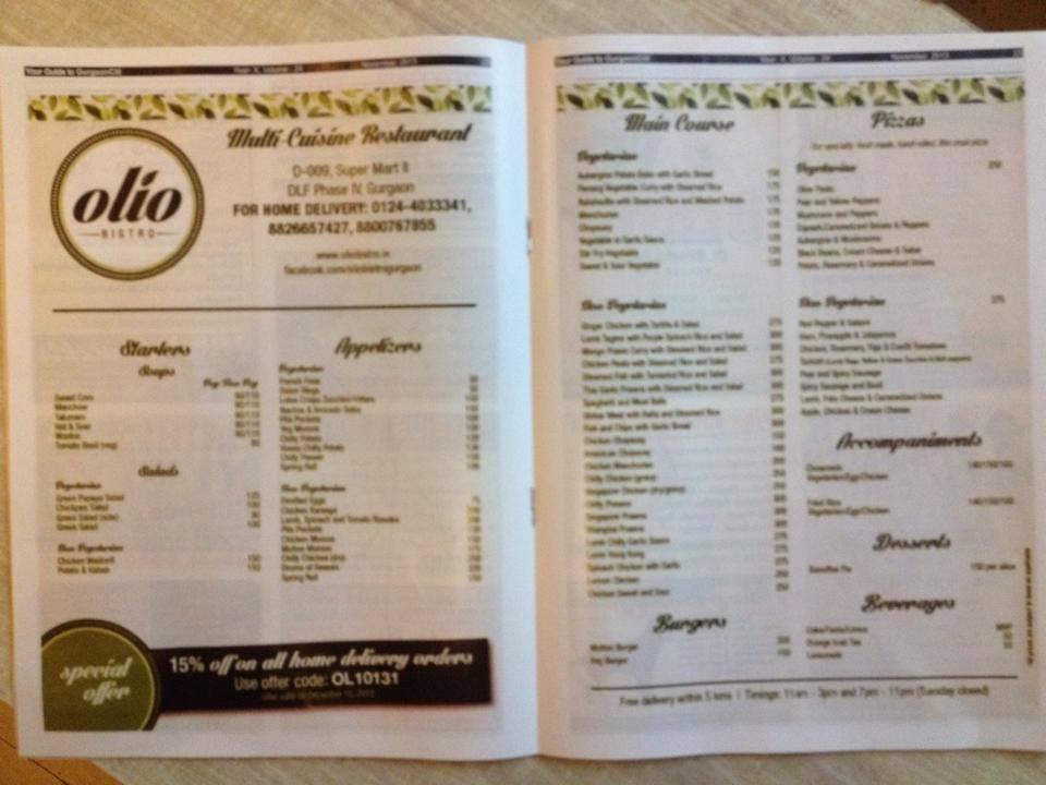 Olio Bistro menu