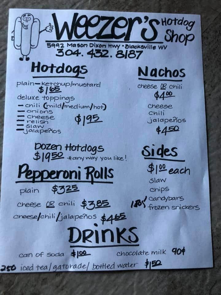 Menu at Weezer’s Hot Dog Shop restaurant, Blacksville