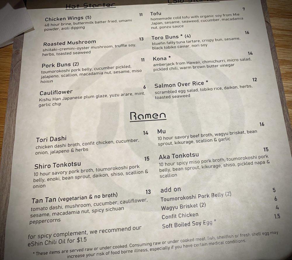 Menu at eShin Noodle Bar, Stony Brook