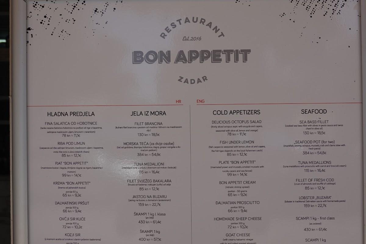 Menu at Bon Appetit restaurant, Zadar