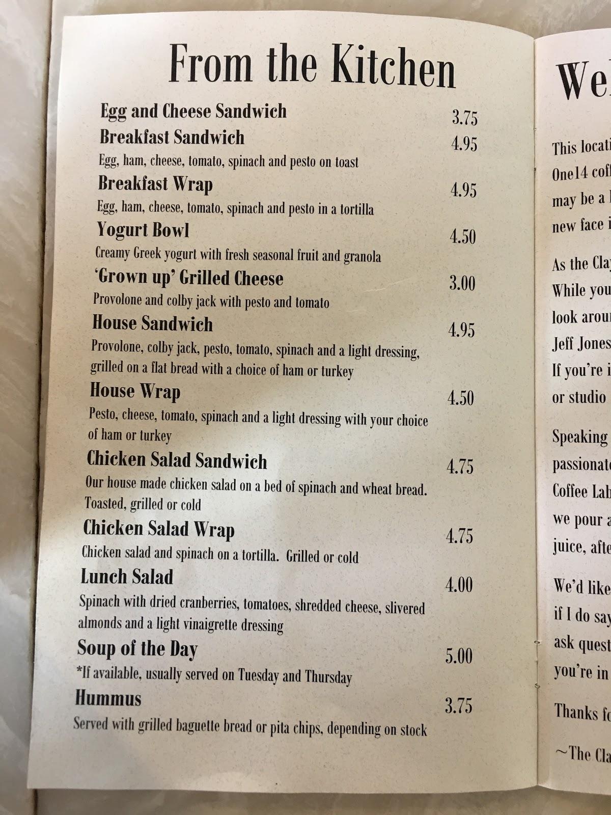 Menu at The Clay Cup A Coffee Pottery restaurant, Neosho