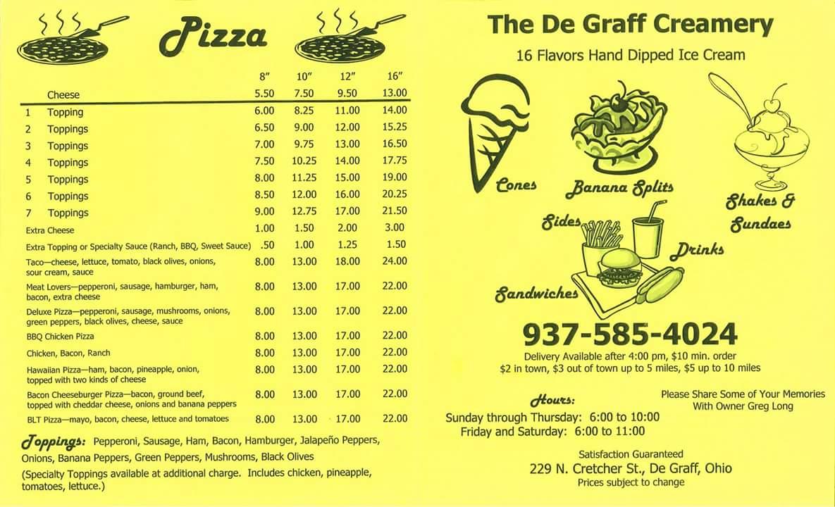 Menu at Degraff Creamery pizzeria, De Graff
