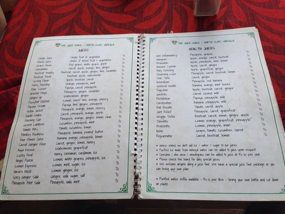 Menu at Juicy Cafe, Varkala