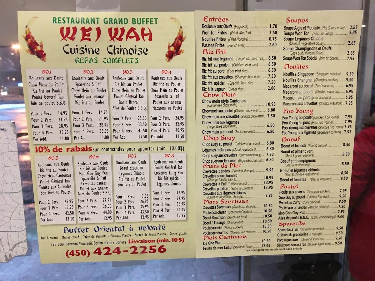 Menu au Wei Wah Buffet restaurant, VaudreuilDorion