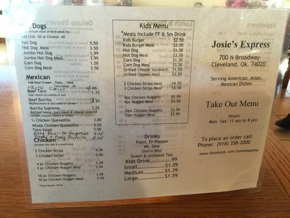 Menu at Josie's Express restaurant, Cleveland