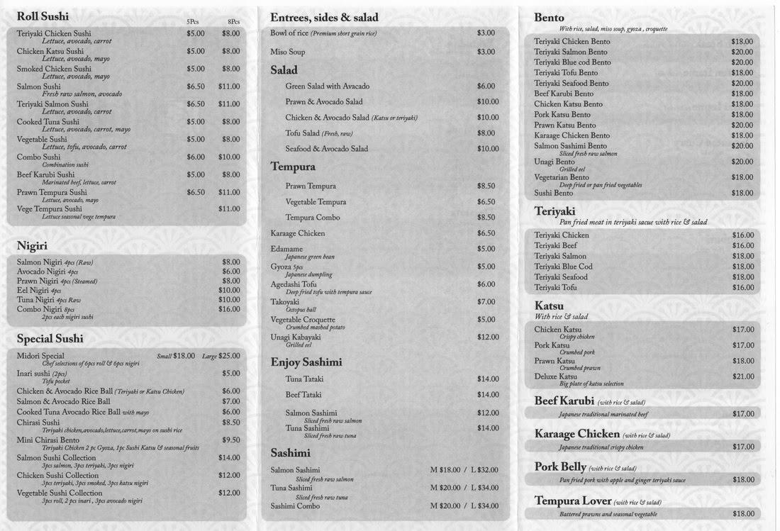 Menu at Midori Japanese Restaurant And Bar, Oamaru