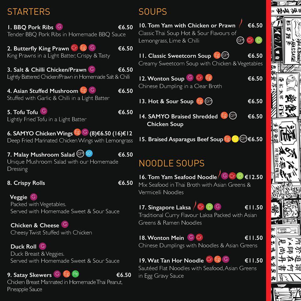 Menu at Samyo Asian Food restaurant, Galway
