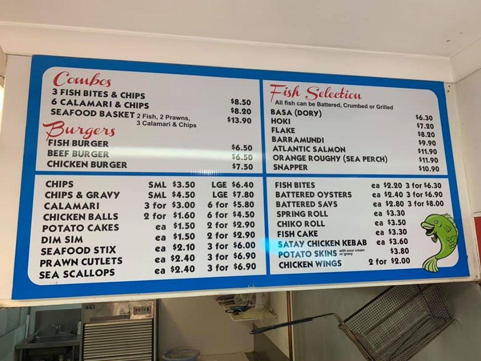 Menu at Ashmore City Fisheries restaurant, Gold Coast