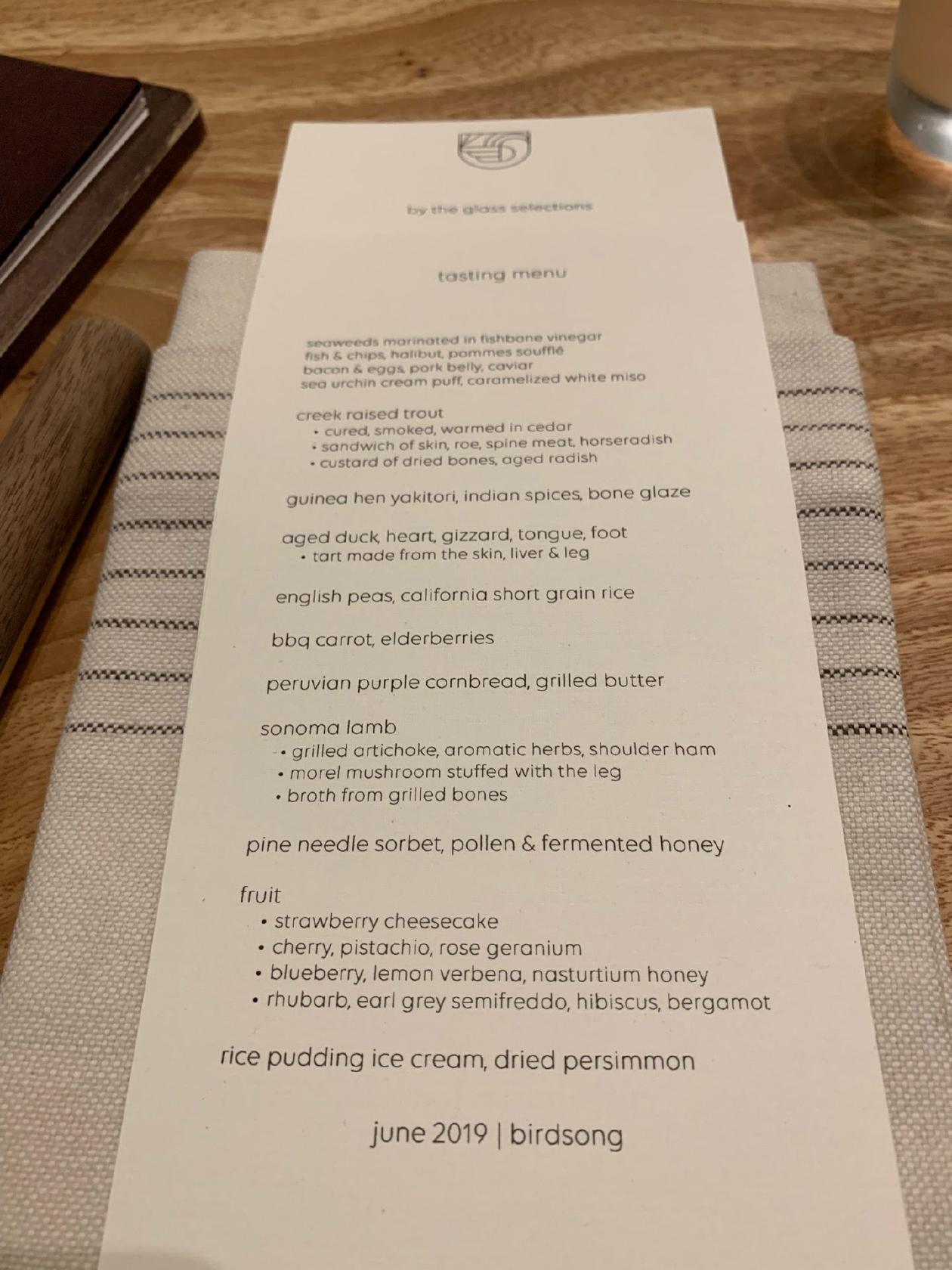 Menu at Birdsong restaurant, San Francisco