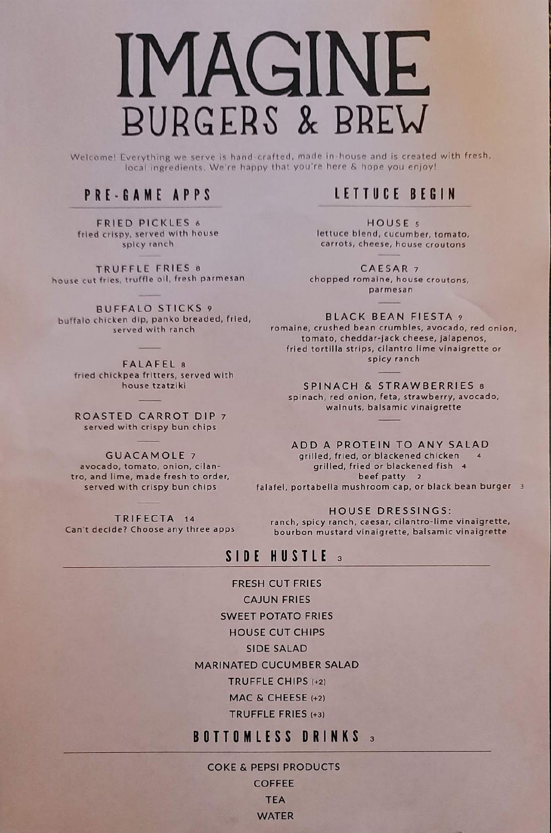 Menu at Imagine Burgers & Brew pub & bar, Converse