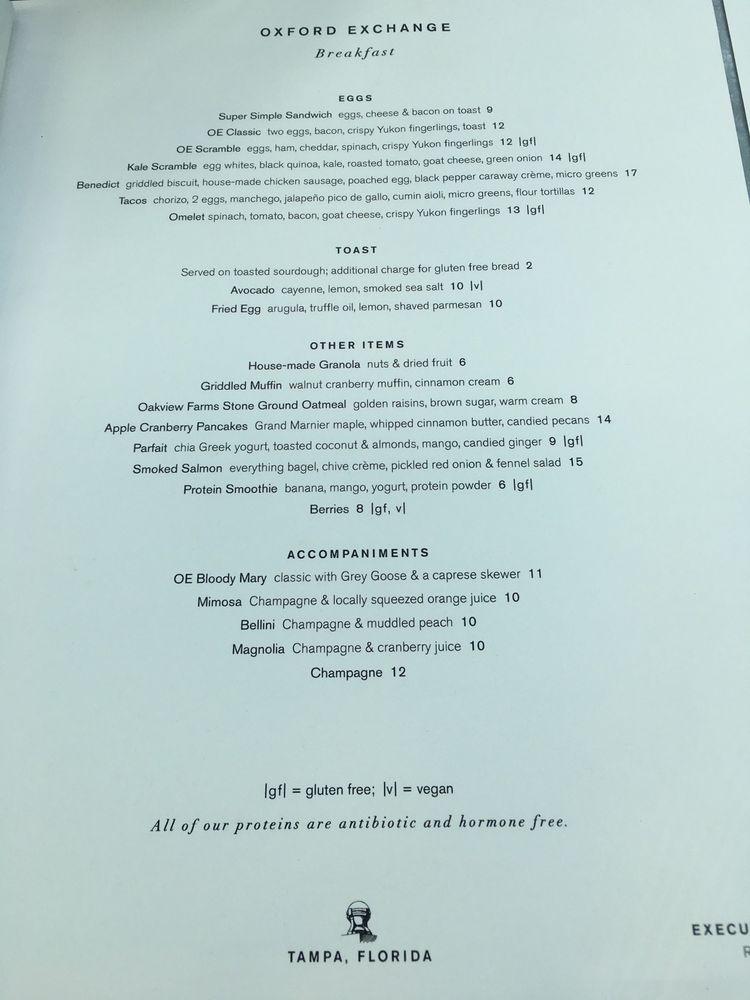 Menu at Oxford Exchange restaurant, Tampa