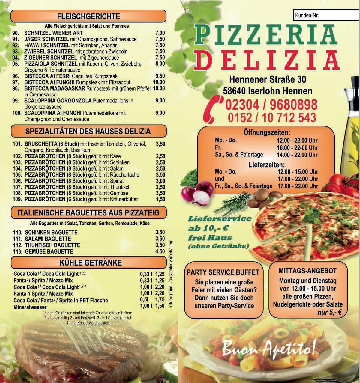 Speisekarte von PizzeriaDelizia, Iserlohn