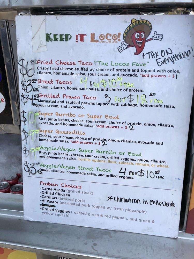 Menu at Judie's Tacos Locos restaurant, San Jose