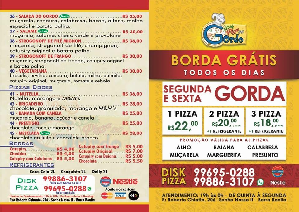 Menu at Disk Pizza do Gordo pizzeria, Barra Bonita
