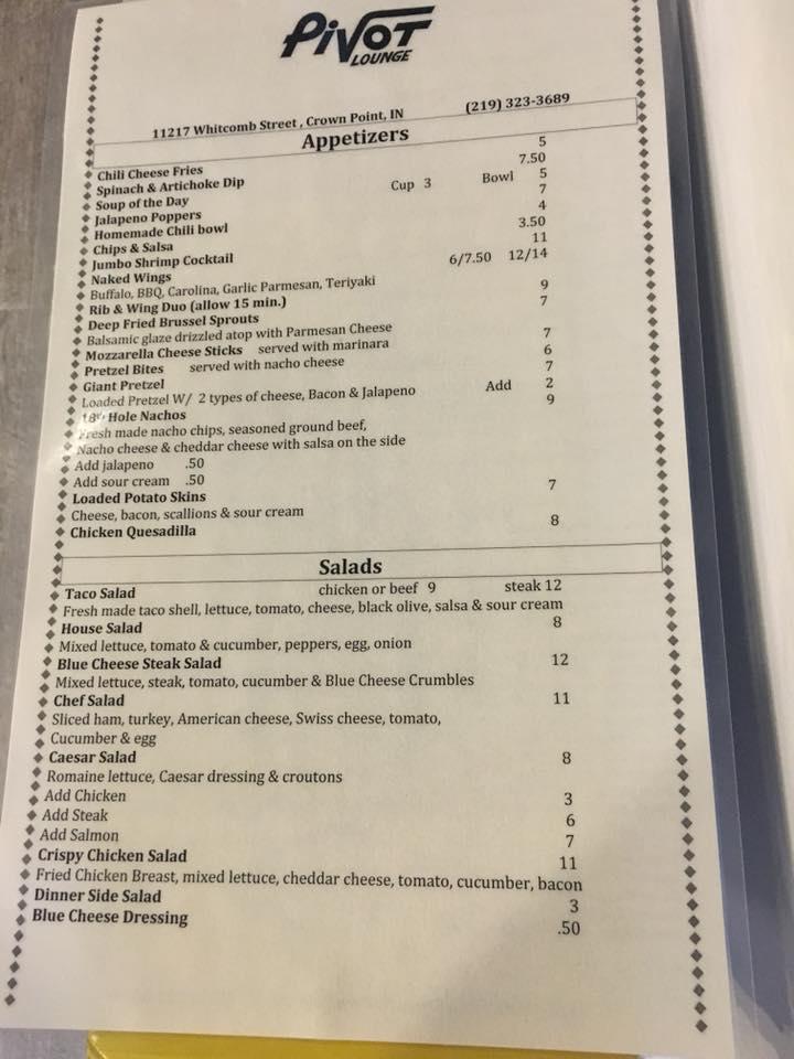 Menu at Pivot Lounge restaurant, Crown Point