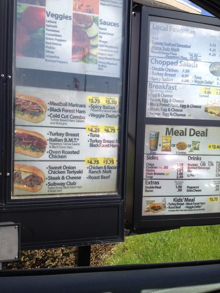 Menu at Subway fast food, Shelbyville, State Rd 44 E