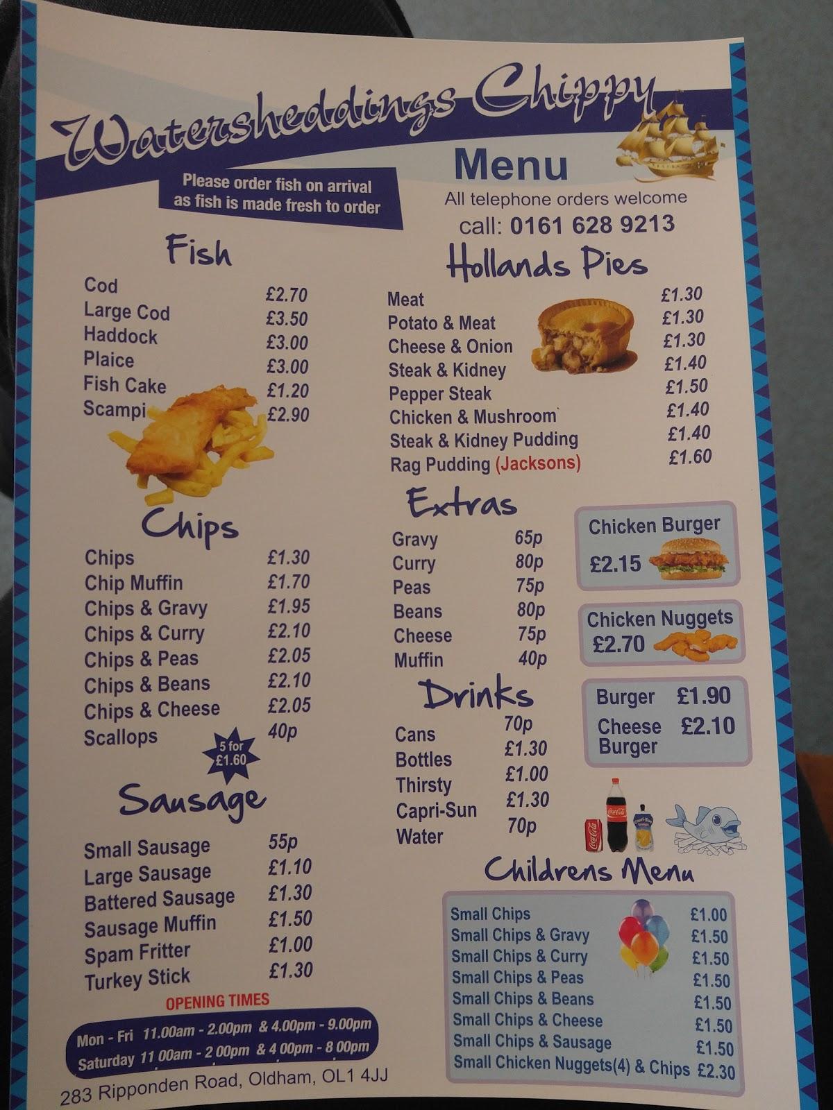Menu at Watersheddings Chippy restaurant, Oldham