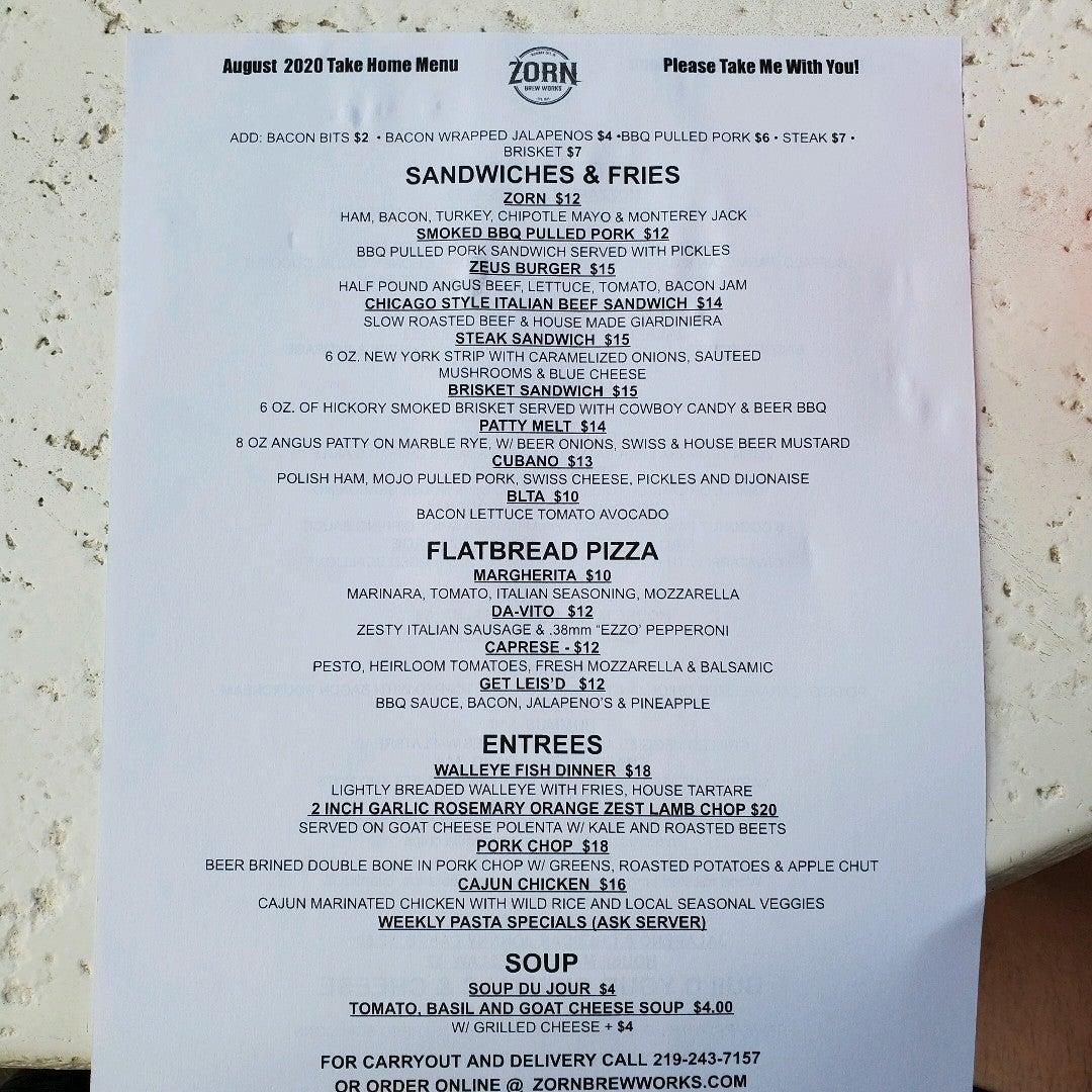Menu at Zorn Brew Works Co. restaurant, Michigan City