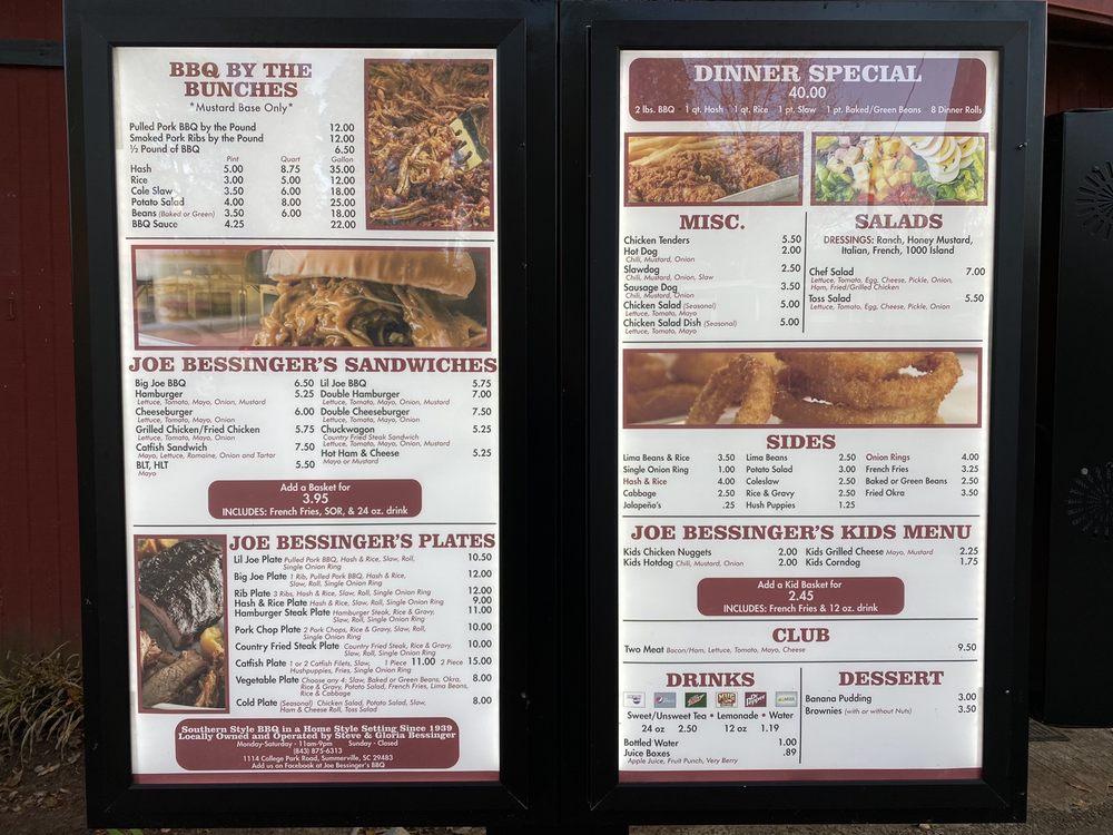 Menu at Joe Bessinger's Barbeque, Summerville