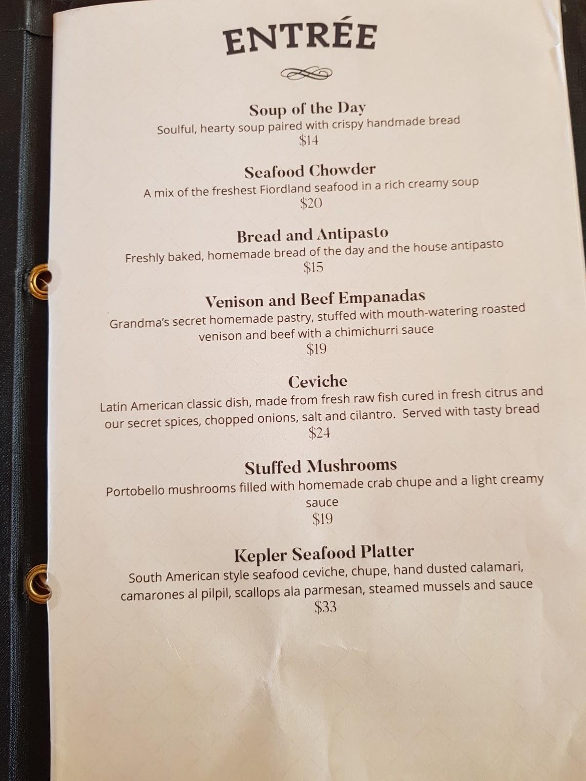 Menu at Kepler Restaurant, Te Anau