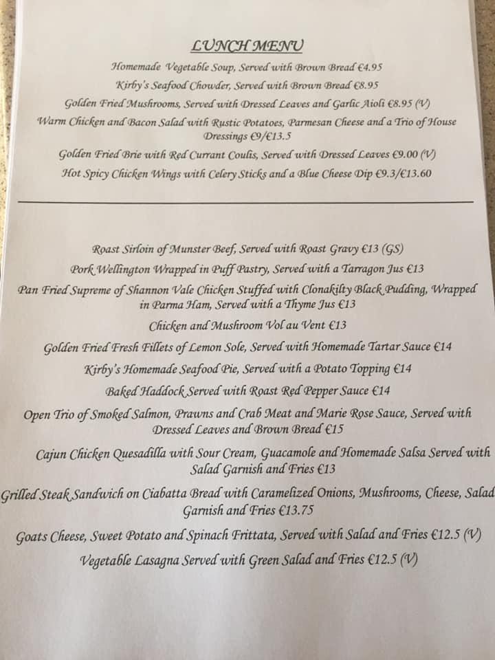 Menu at Kirby's Korner pub & bar, Ballinhassig